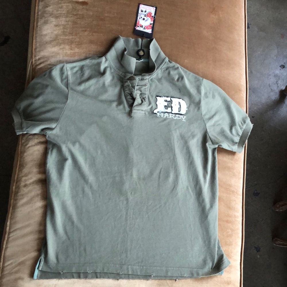 Ed Hardy olive Green Polo Shirt with Iconic Logo sz M/L New Trendy Fashion top